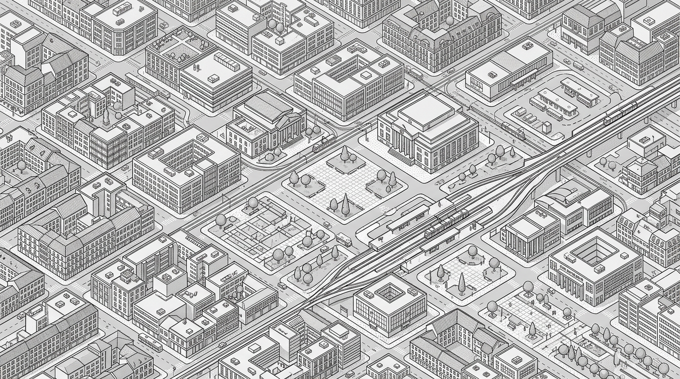 Isometric cityscape — urban civic infrastructure and public space