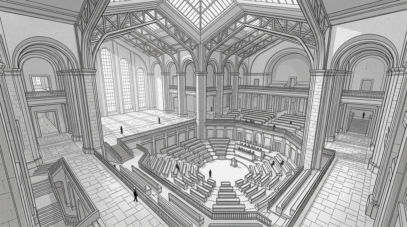 Isometric view of civic institution — institutional scale, architectural