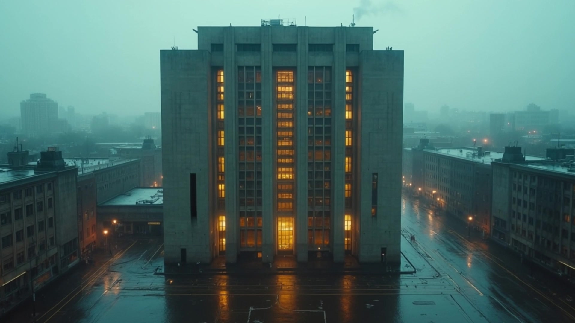 A monumental council building at dusk, windows blazing amber through rain — the institution Jade Okafor has to change from the inside.