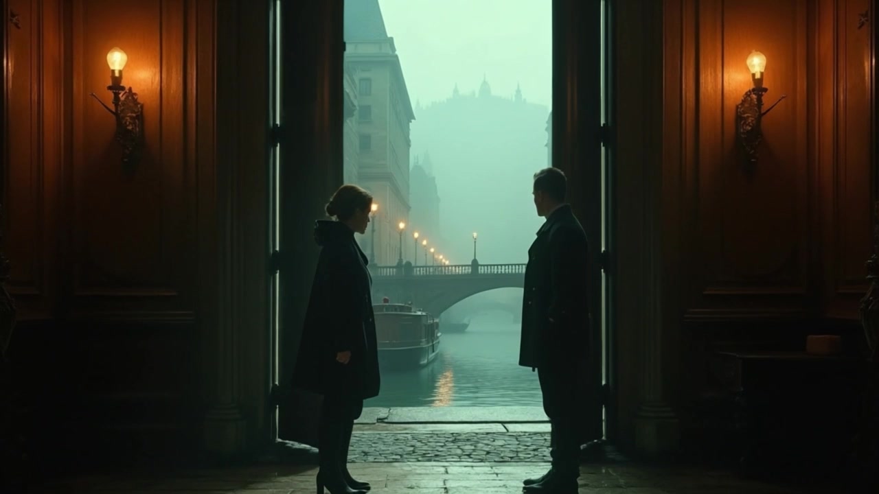 Two figures silhouetted in a grand doorway, looking across a fog-shrouded bridge and canal — Ren and Sol about to begin their survey.