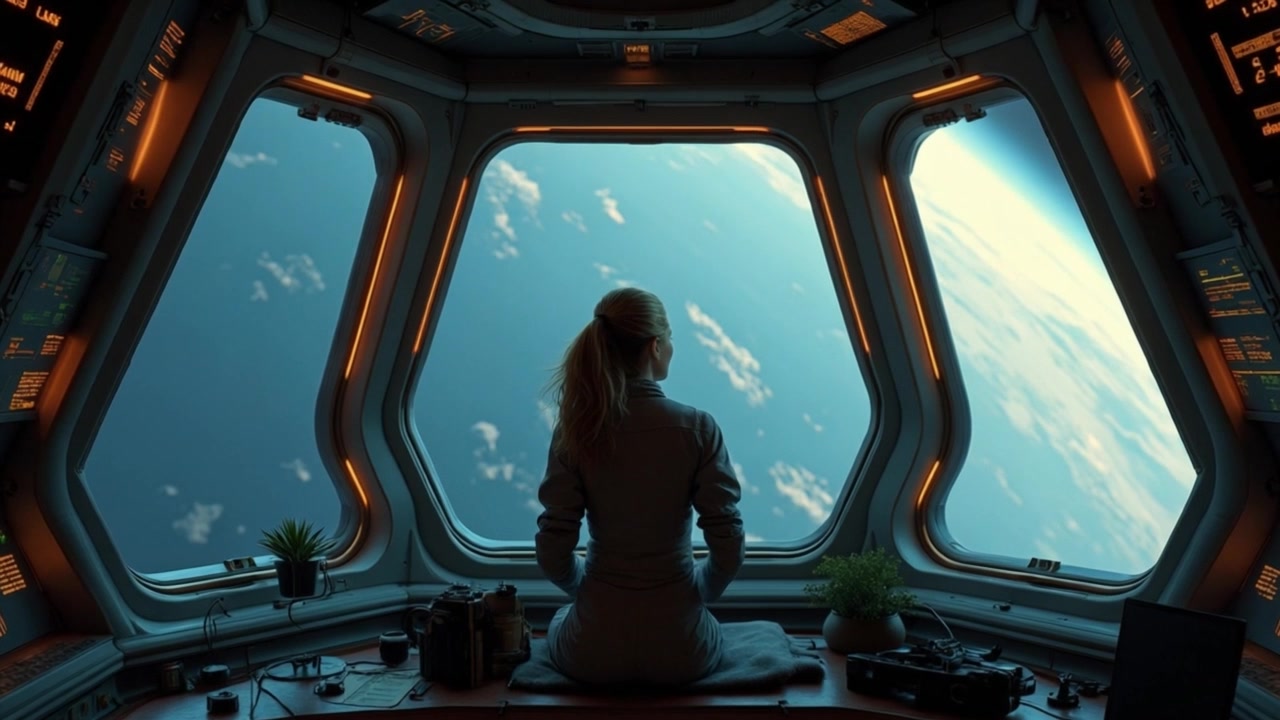 An analyst in an orbital cupola looking down on Earth — coastlines and cloud from four hundred kilometres up.